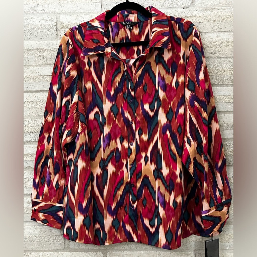 Nicole Miller Red and Blue Patterned Blouse